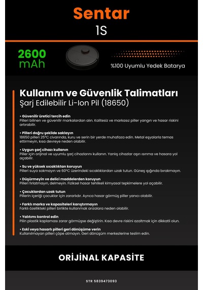 Sentar Mop 1s 2600mAh Robot Süpürge Bataryası