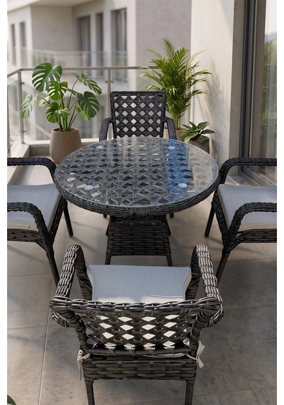 Eterna Serisi 1.sınıf 4 Adet Tekli Siyah Rattan Gri Minder Balkon Bahçe Takımı Eterna Serisi 1.sınıf 4 Adet Tekli Siyah Rattan Gri Minder Balkon Bahçe Takımı