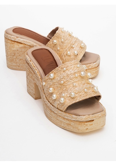 Luvishoes Luvi Shoes Rayne Bej Hasır İncili Kadın Platform Topuklu Terlik Bej