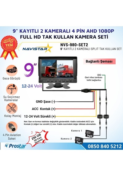 9 İnç Geniş Ekran Kayıtlı 1080p Full Hd 2 Kameralı Araç Güvenlik Ve Geri Görüş Seti 12-24v