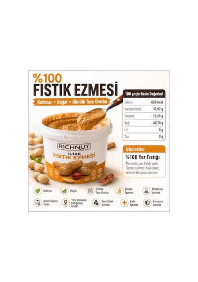 Richnut Şekersiz %100 Saf Doğal Fıstık Ezmesi 1 Kg