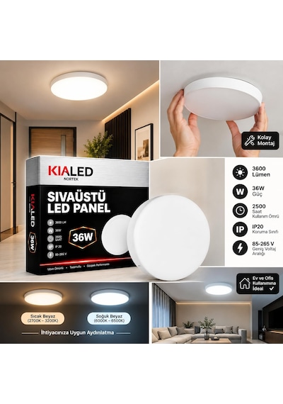Tr 36 Watt Sıva Üstü Led Panel, 6500 K Beyaz Işık, 3600 Lümen, Yuvarlak Ø 23 Cm Çap Tavan Armatür Lamba, Beyaz Diğer