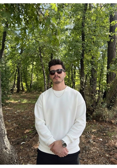 Erkek Oversize Bisiklet Yaka Geniş Kesim Sweatshirt Beyaz