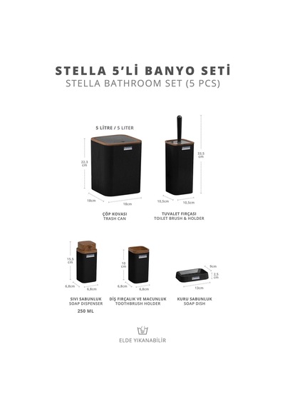 Stella Siyah Ahşap Desenli Çizgili 5'li Banyo Seti Siyah