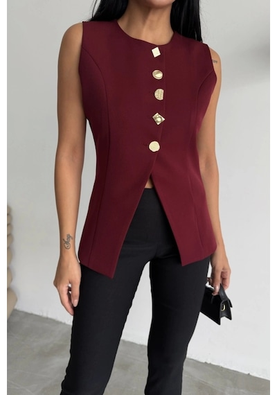 Defymoda Gold Düğme Detaylı Yelek - Bordo Bordo
