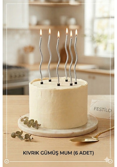 6 Lı Kıvrımlı Mum Gümüş Pasta Süsü Spiral Mum Pasta Mumları 16 Cm