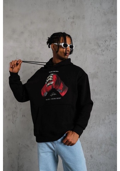 Eldiven Baskılı Kapüşonlu Sweat - Siyah -