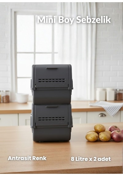 2'li Mini Boy Patates Soğan Sepeti Bpa Free Sebzelik Organizer Kutu Motek Antrasit 8 L Antrasit