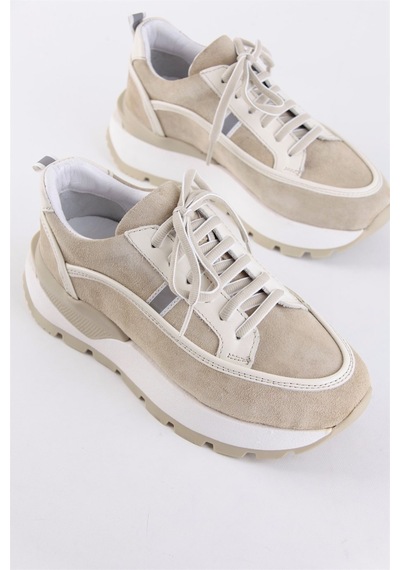 Dapne Bej Hakiki Süet Kalın Tabanlı Kadın Sneaker-Bej