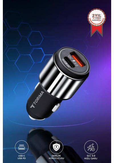 Torima C16 45w Silver Araç Şarj Cihazı Type-c Kablolu Hızlı Şarj Adaptörü