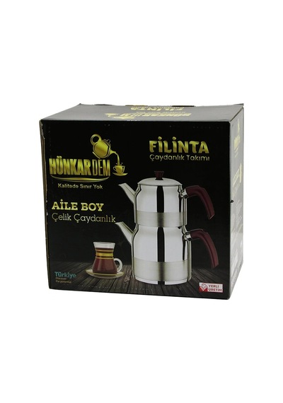 Filinta Aile Boy Çelik Çaydanlık Seti Çift Kapaklı Renkli Bakalit Kulp Üst Demlik: 1.5lt - Alt Suluk: 3lt Kendinden Süzgeçli 5047 Altın