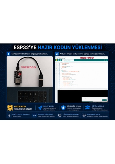 Masrokit Esp-32d Geliştirme Kartlı Ultrasonik Mesafe Ölçüm Eğitim Kiti Hazır Kod, Kullanıcı Yüklemeli