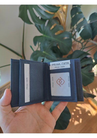 Prava Deri Hakiki Deri Dikey Erkek Cüzdanı Anahtarlık Set Lacivert