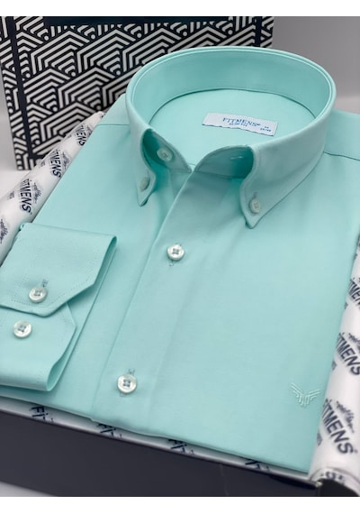 Slim Fit Uzun Kol Pamuklu Hediye Kutulu Kolay Ütülenebilir Erkek Gömlek Fs-002225 - Mint-2661
