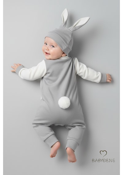 Babyden's Bebek Tavşanlı Tulum Şapka Set %100 Pamuklu Çıtçıtlı,ayarlanır Ponponlu Unisex Yenidoğan Tulum Seti Gri