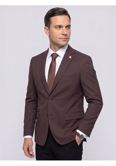 Plus Scorpion Erkek Slim Fit Ceket Likralı Fitilli Kumaş, Çift Düğmeli Tek Yırtmaçlı Modern Tasarım Kahverengi