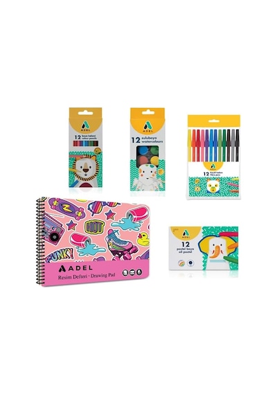 4 Lü Boyama Seti + Resim Defteri 25x35, 12 Renk, Keçeli Kalem, Kuru,pastel Ve Sulu Boya, Fırça Dahil