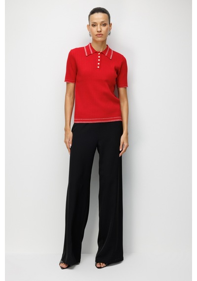On Kadın Yakası Düğmeli Kumaşı Desenli Bluz 10304 Kırmızı Kırmızı