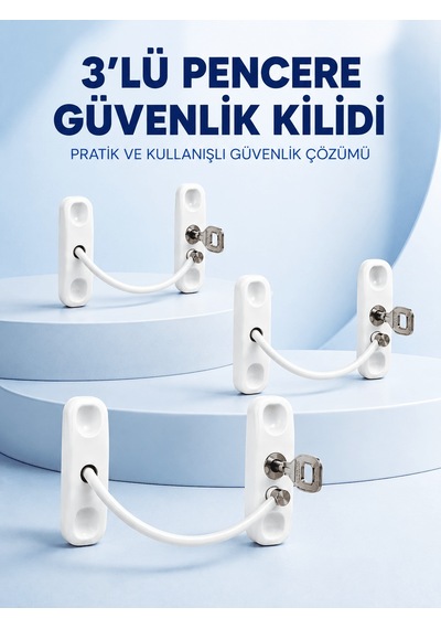 3 Adet Pencere Güvenlik Kilidi Esnek Bağlantılı Anahtarlı Koruma Çok Renkli