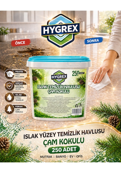 Hygrex Yüzey Temizlik Havlusu Çam Kokulu Islak Kova Mendil 250 Adet Ev Ofis Tüm Yüzeyler Beyaz