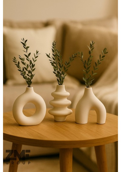 Minimal 3 Lü Dekoratif Vazo Set,biblo,minyatür Beyaz