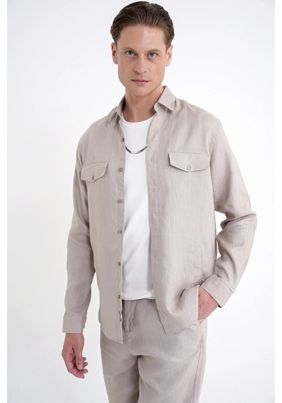 Comfort Fit Yan Cepli %100 Keten Taş Gömlek Ceket G 1602 Comfort Fit Yan Cepli %100 Keten Taş Gömlek Ceket G 1602