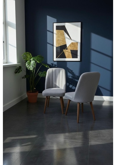 Nora 2 Adet Sandalye - Keten Kumaşlı Sandalye Modern Ahşap Ayaklı Yemek & Çalışma Sandalyesi Minimal Tasarım Gri