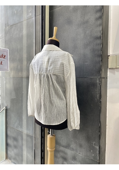 Pera Moda Çizgili Transparan Pileli V Yaka Gömlek Siyah