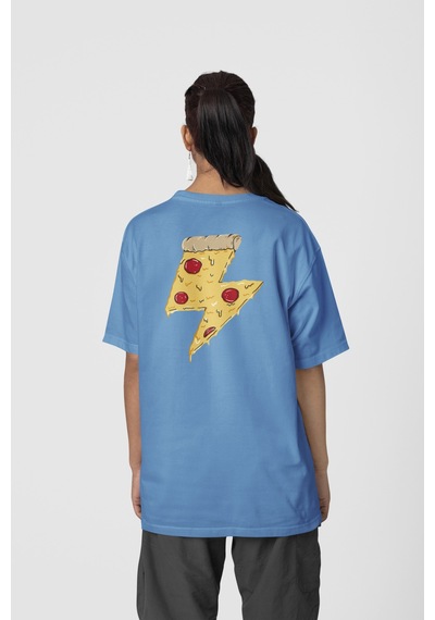 Pizza Ön-arka Baskılı %100 Pamuk Beyaz Kadın/erkek Unisex Rahat Kalıp Oversize T-shirt Mavi