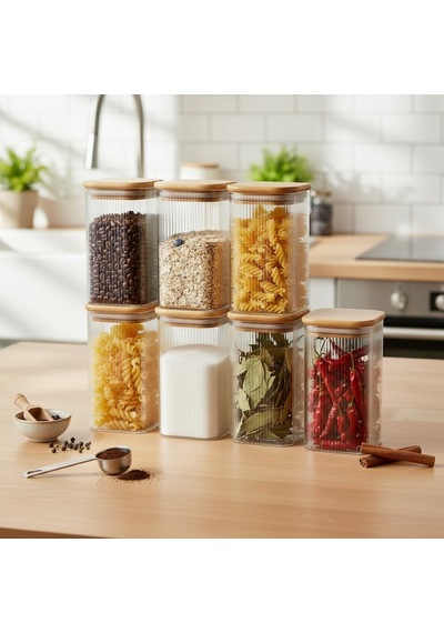 Lexroo 6'lı Set 425 Ml Bambu Kapaklı Kare Cam Kavanoz Çok Renkli