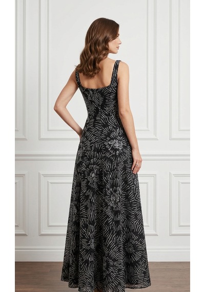 Uzer Abiye Işıltılı Sim Baskılı Jacquard Dokulu Kare Yaka Couture Premium Abiye Elbise,düğün Albisesi Siyah Gümüş