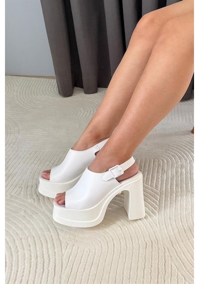 Kadın Pukka Beyaz Önü Ve Arkası Acık 12 Cm Platform Topuklu Ayakkabı