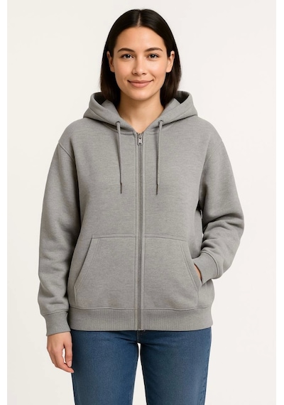 Üç İplik Kapüşonlu Tam Fermuarlı Kanguru Çepli Sweatshirt Hoodie - Gri Gri