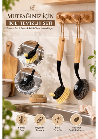 Porsima Bambu Saplı 2'li Bulaşık Ve Lavabo Temizlik Seti - Değiştirilebilir Paslanmaz Tel Bulaşık Fırçası & Çok Amaçlı Yıkama Fırçası Siyah