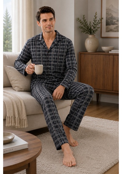 Free Beka Ekose Desenli Uzun Kollu Gömlek Yaka Düğmeli Erkek Pijama Takımı Gri