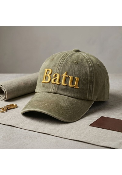 Bk Gift Kişiye Özel İsim Nakışlı Vintage Haki Beyzbol Şapkası Unisex Eskitme Kumaş Metal Tokalı