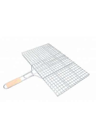 Orta Boy Ahşap Saplı Mangal Izgarası 40x30 Cm Kilitlenebilir Çift Taraflı Tel Barbekü Kafesi