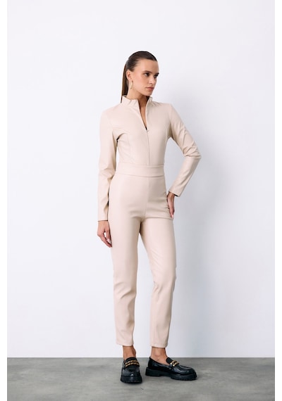 Sateen Yüksek Bel Deri Pantolon - Taş-135286 Taş
