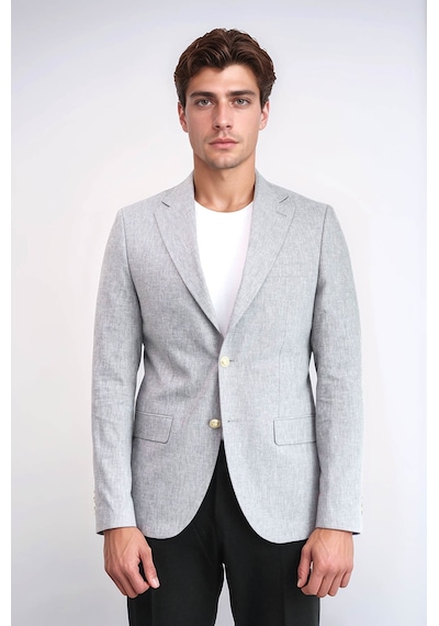 Gri Keten Dokulu Gold Renk Metal Düğmeli Slim Fit Erkek Blazer Ceket - Wessi Grey