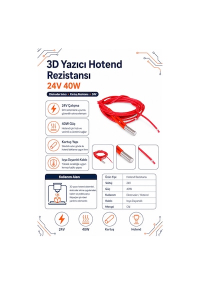 3d Yazıcı Hotend Rezistansı 24v 40w Ekstruder Isıtıcı Eleman