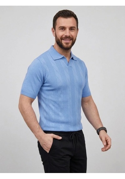Erkek Yazlık Triko Dokuma Tişört Kısa Kol Polo Yaka T-shirt - Bebek Mavisi Bebe Mavisi
