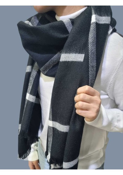 Tezzgelsin Kadın Yumuşak Yün Dokulu Desenli Omuz Şalı Atkı Siyah Beyaz