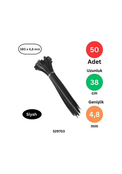 Plastik Kablo Bağı Klipsi Cırt Kelepçe 380 Mm X 4.8 Mm Siyah 50 Adet