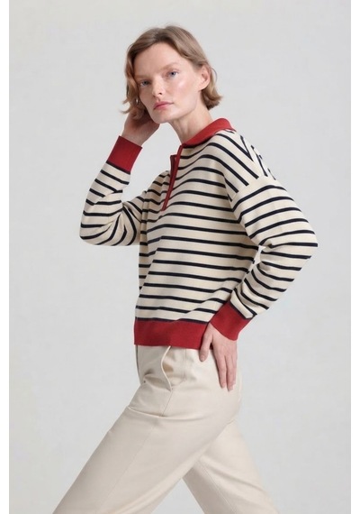 Soft&basic Çizgili Polo Yaka Triko Kadın Kazak Fermuarlı Kırmızı