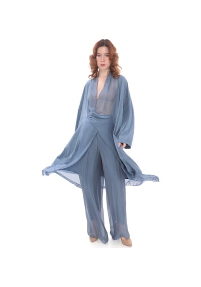 Bohem Stil Italyan Ipek Detaylı Oversize Kap Bluz- Wes Pantolon Takım-8789 Buz Mavisi Bohem Stil Italyan Ipek Detaylı Oversize Kap Bluz- Wes Pantolon Takım-8789 Buz Mavisi