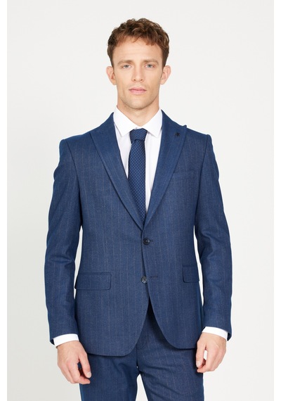 AC&Co / Altınyıldız Classics Erkek Lacivert Ekstra Slim Fit Dar Kesim Kırlangıç Yaka Çizgili Takım Elbise Lacivert