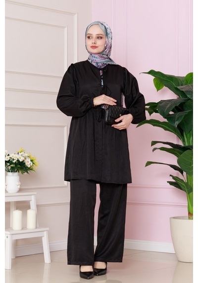 Sevitli Önü Bağlamalı Pantolonlu Takım-siyah-4764