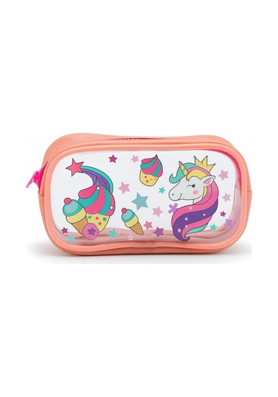01112 Şeffaf Baskılı Tek Gözlü Kalemlik Kalem Kutusu Pembe Unicorn Genel