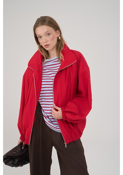 Mai Collection Azel Fermuarlı Oversize Kırmızı Bomber Ceket