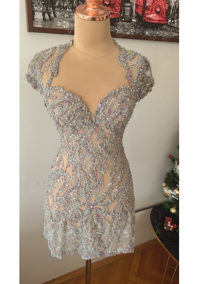 Chica Rosa Fashion Lily Dantel İnci Taş İşlemeli Kısa Elbise